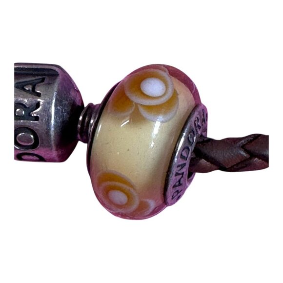 Pandora Brown Braided Double Leather Bracelet With Yellow Glass Charm Sterling - Picture 8 of 8